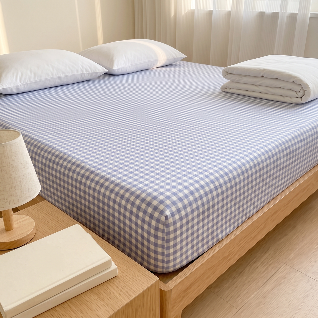 Gingham Fitted Sheet in Blue Gingham – on a bed beside a nightstand with lamp and books