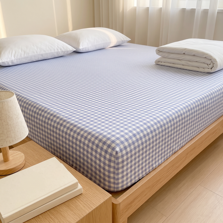 Gingham Fitted Sheet in Blue Gingham – on a bed beside a nightstand with lamp and books