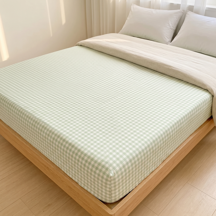 Gingham Fitted Sheet in Green Gingham – fitted on a wooden platform bed with white pillows