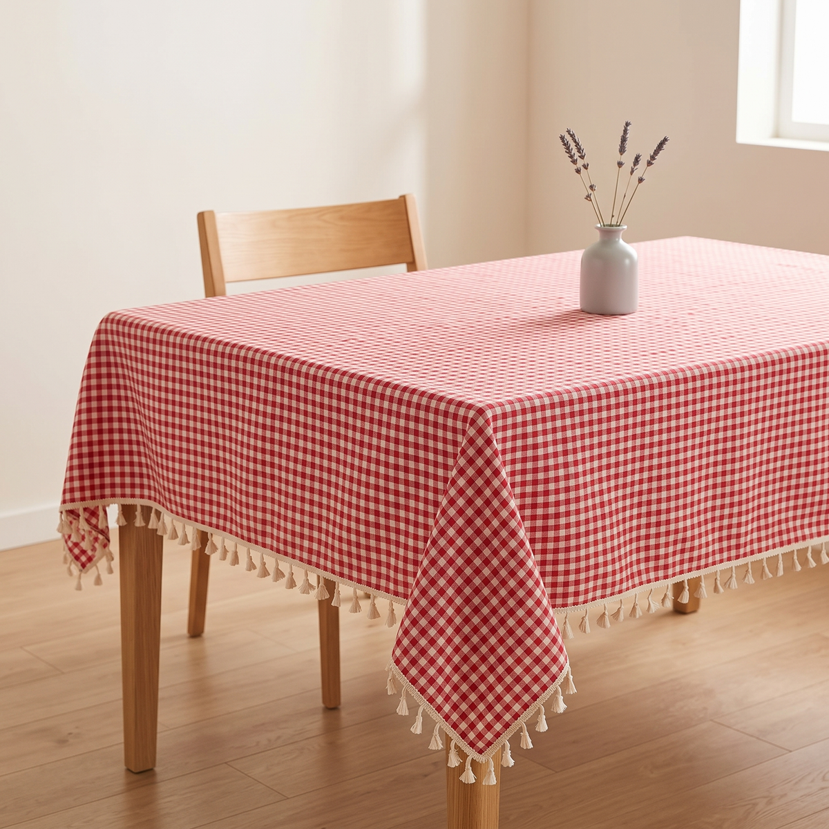 Red Gingham Tablecloth with Tassels in Red – Gingham – draped over a wooden dining table with a lavender vase