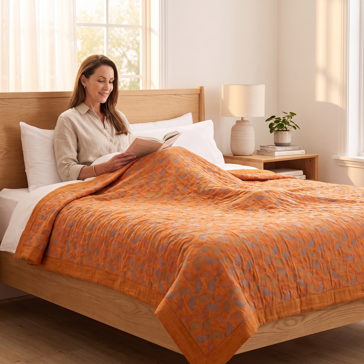 Ginkgo Leaf Gauze Blanket in Orange – covering a woman reading in bed by a sunny window