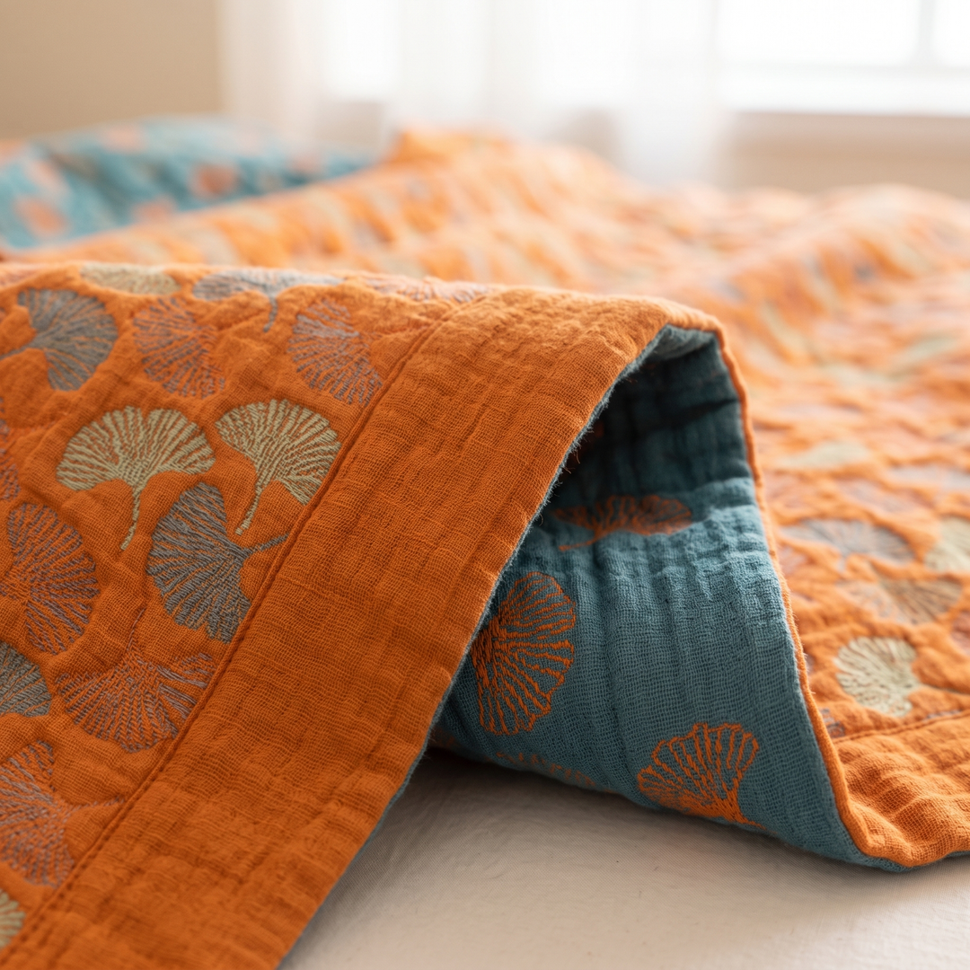 Ginkgo Leaf Gauze Blanket in Orange – close-up of folded edge showing reversible teal side and ginkgo pattern