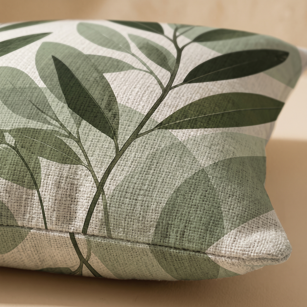 Green Leaf Print Pillow Cover in Cream – Willow Leaf – close-up of the piped edge and woven linen texture