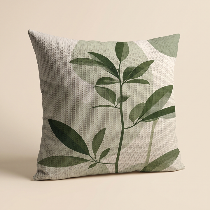 Green Leaf Print Pillow Cover in Cream – Branch – angled three-quarter view with corner turned toward camera