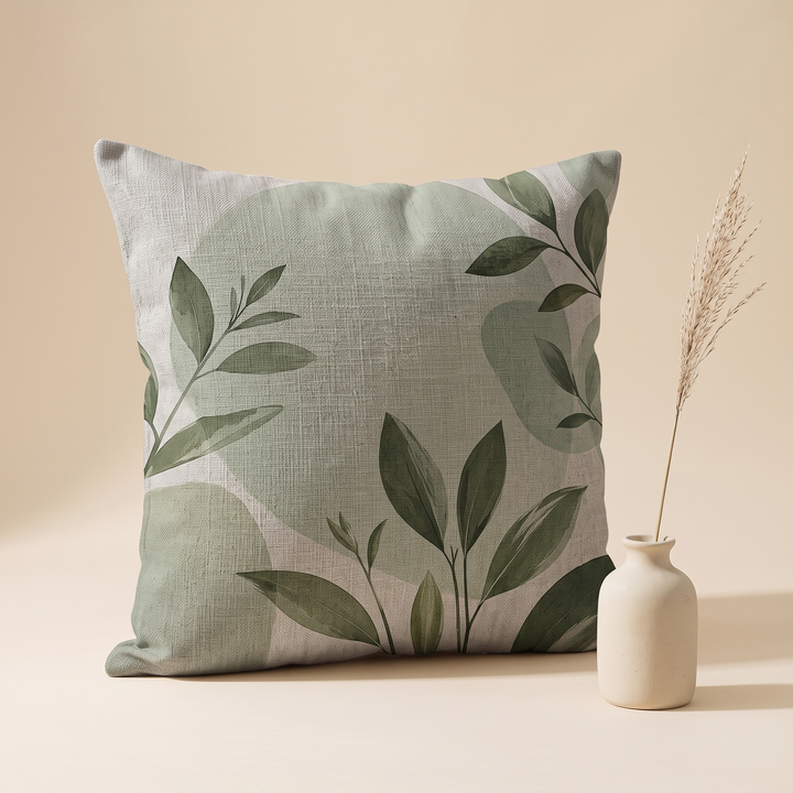 Green Leaf Print Pillow Cover in Cream – Corner Sprig – beside a small ceramic bottle vase with dried grass