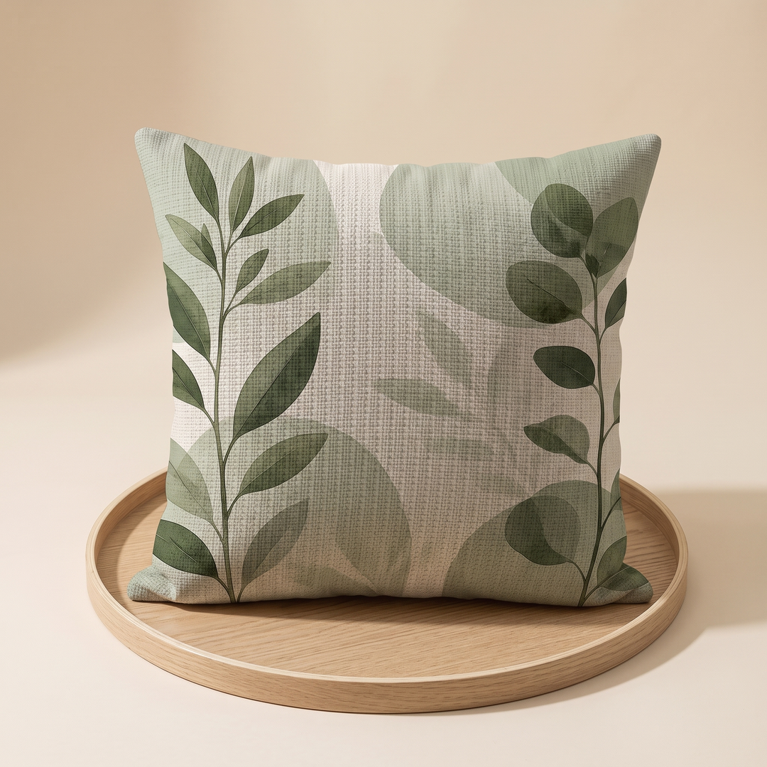 Green Leaf Print Pillow Cover in Cream – Leaf Frame – set on a round wooden tray, front facing