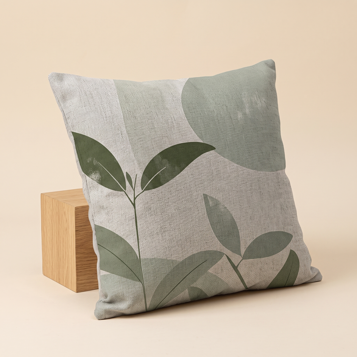 Green Leaf Print Pillow Cover in Cream – Minimal Leaf – leaning against a light wooden block on a studio tabletop