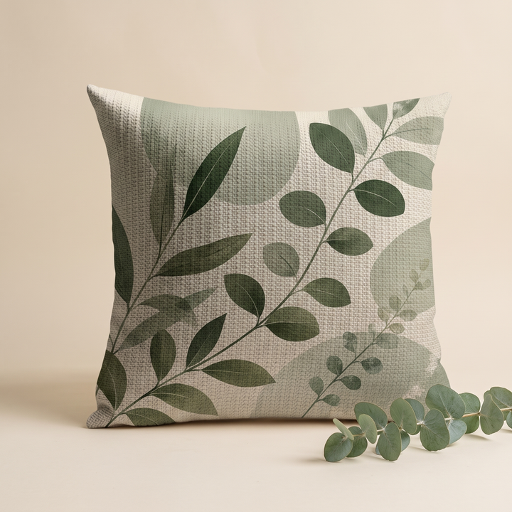 Green Leaf Print Pillow Cover in Cream – Round Leaf – styled with a eucalyptus sprig lying at its base