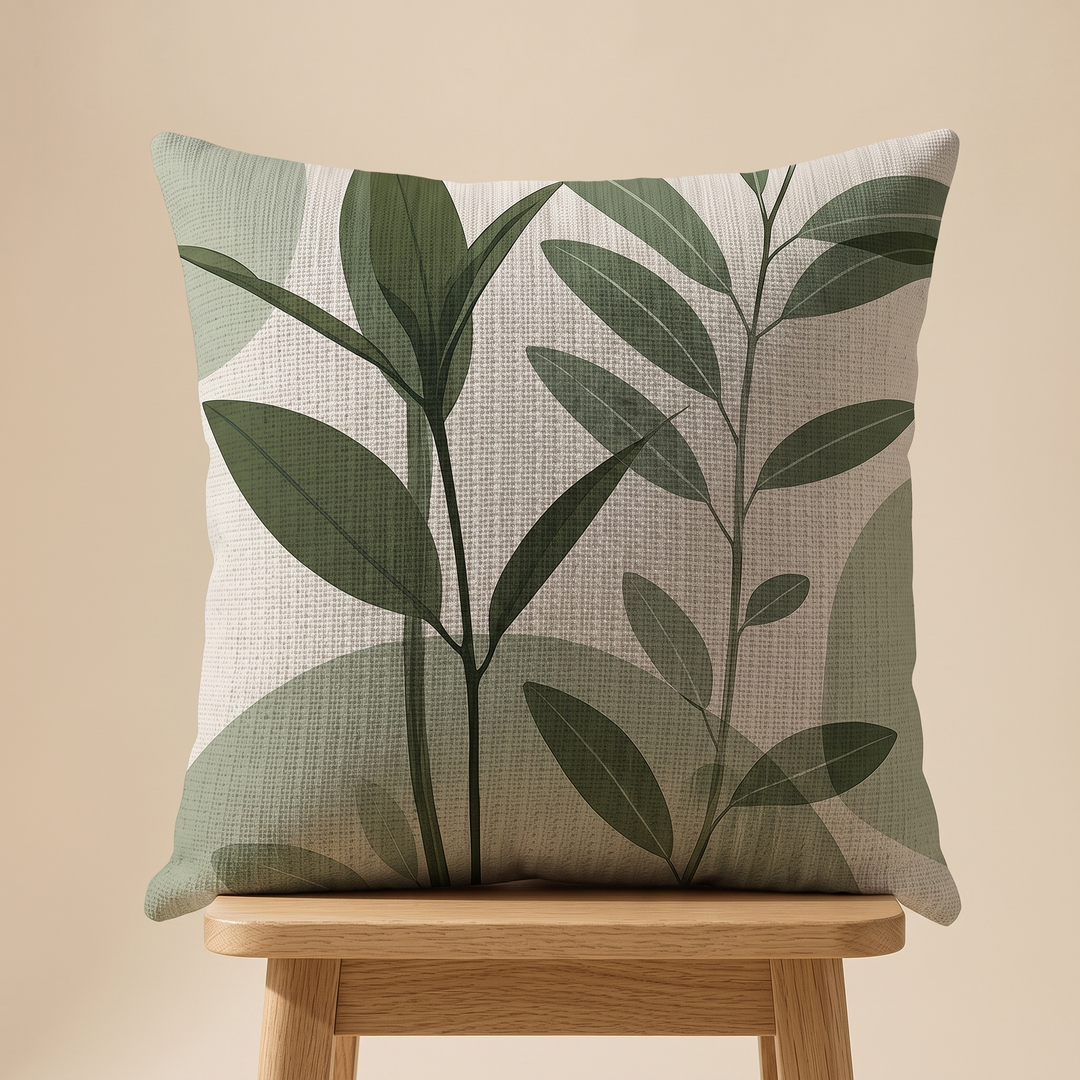 Green Leaf Print Pillow Cover in Cream – Tall Leaf – upright on a light wooden stool against a beige wall