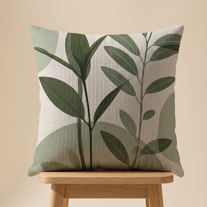 Green Leaf Print Pillow Cover in Cream – Tall Leaf – upright on a light wooden stool against a beige wall