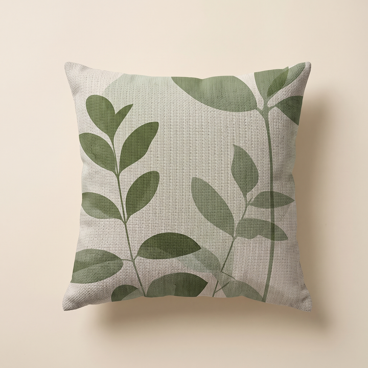 Green Leaf Print Pillow Cover in Cream – Twin Stem – flat lay from above with soft shadow beneath