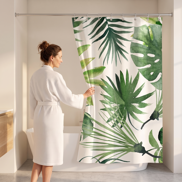 Greenery Shower Curtain – Watercolor Leaves in Green – Tropical – woman in white robe pulling the curtain open