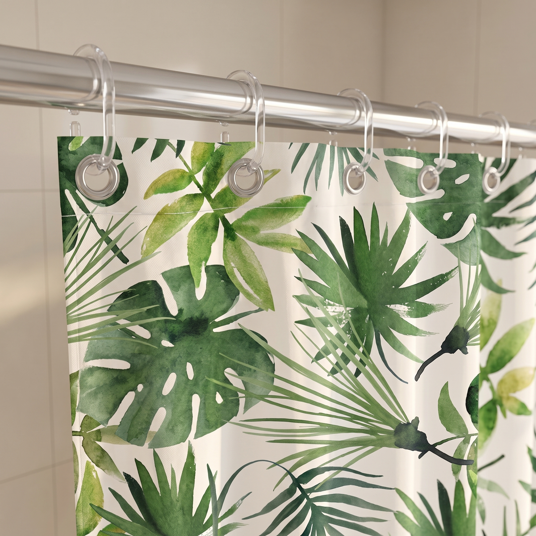 Greenery Shower Curtain – Watercolor Leaves in Green – Tropical – close-up of top corner hanging from chrome rod with clear hooks