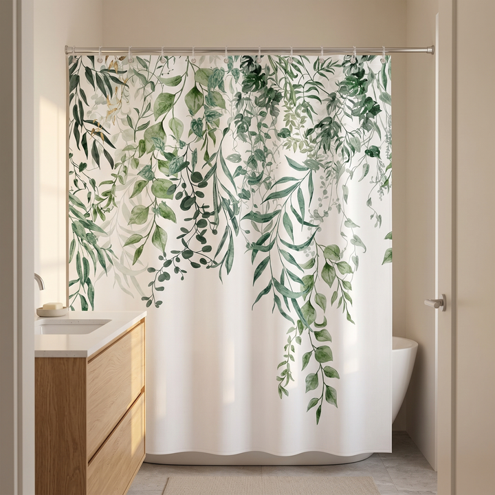 Greenery Shower Curtain – Watercolor Leaves in White – Hanging Vine – wide view beside a light wood vanity with sink
