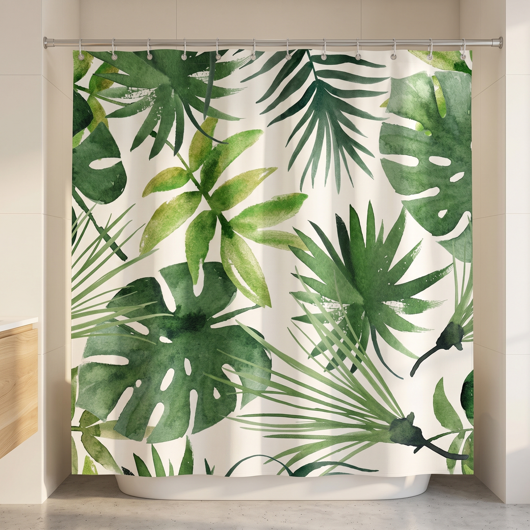 Greenery Shower Curtain – Watercolor Leaves in Green – Tropical – hanging from a rod over a white bathtub in a bathroom