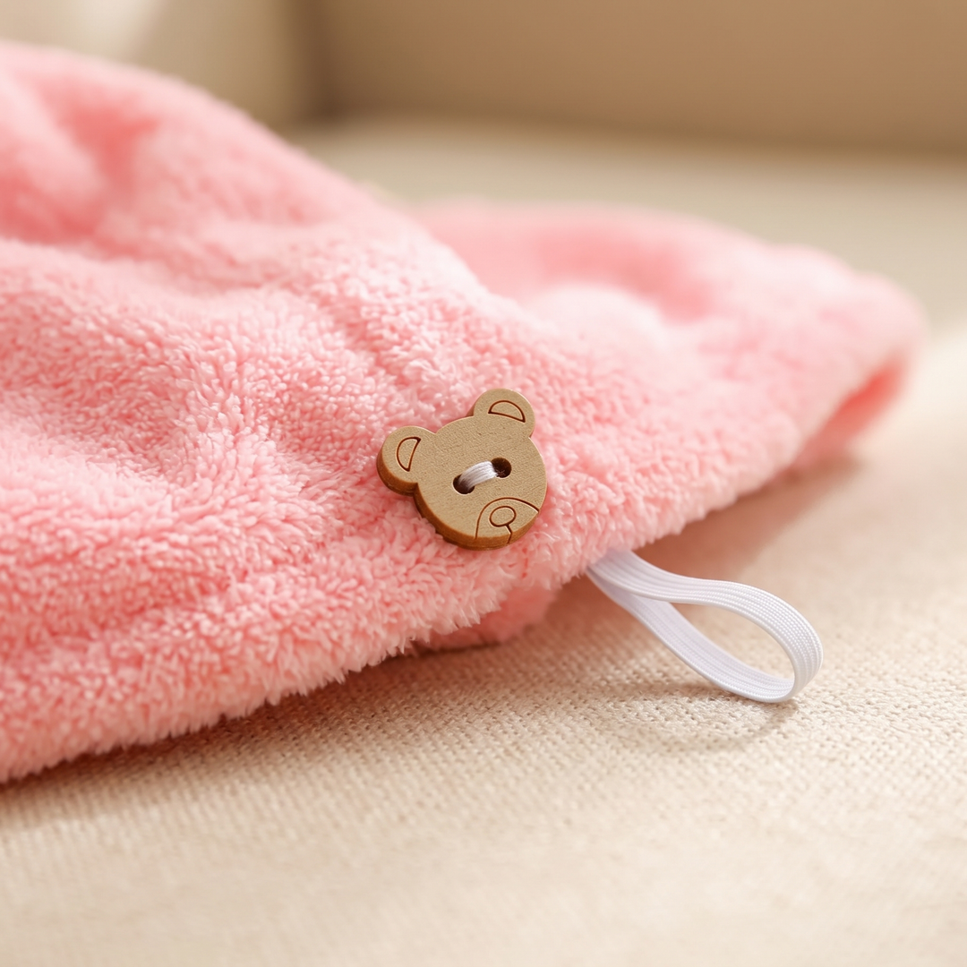 Hair Wrap Towel – Turban Style in Pink – close-up of the bear-shaped button and elastic loop on a sofa