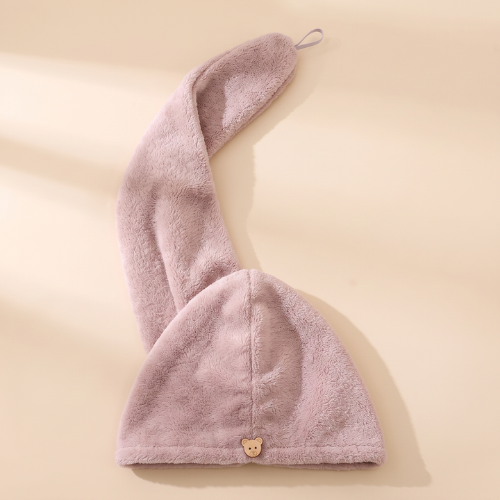 Hair Wrap Towel – Turban Style in Taupe – full length tail extended in a long curve, casting soft shadows