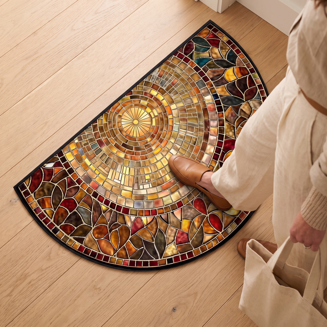 Half Circle Door Mat – Stained Glass Print, Non-Slip in Gold – Stained Glass – overhead view with person in tan shoes standing on it holding tote bag