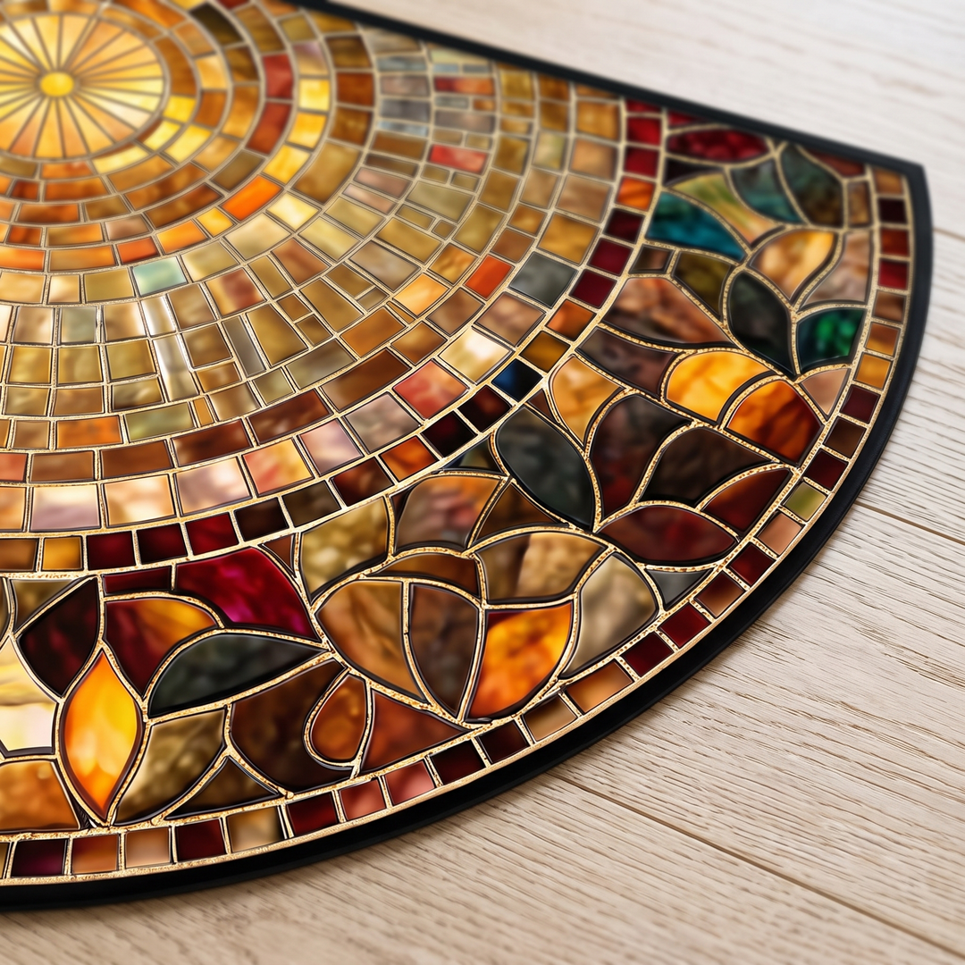 Half Circle Door Mat – Stained Glass Print, Non-Slip in Gold – Stained Glass – angled close-up on a light wood floor showing mosaic pattern