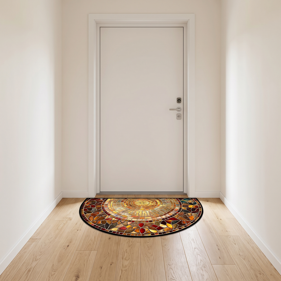 Half Circle Door Mat – Stained Glass Print, Non-Slip in Gold – Stained Glass – on oak floor in front of a white hallway door