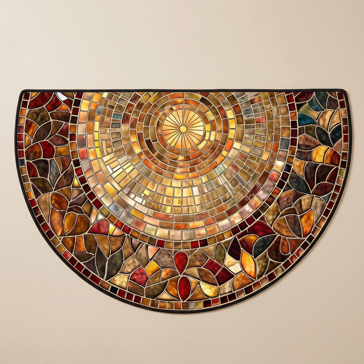 Half Circle Door Mat – Stained Glass Print, Non-Slip in Gold – Stained Glass – flat front view mounted against a plain beige wall