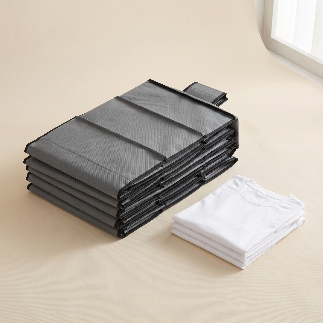 Hanging Closet Organizer – 10 Shelf in Gray – folded flat in a compact stack beside folded white t-shirts