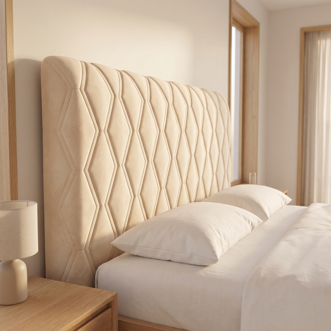 Quilted Headboard Cover – Padded in Cream – side angle in a sunlit bedroom by a window