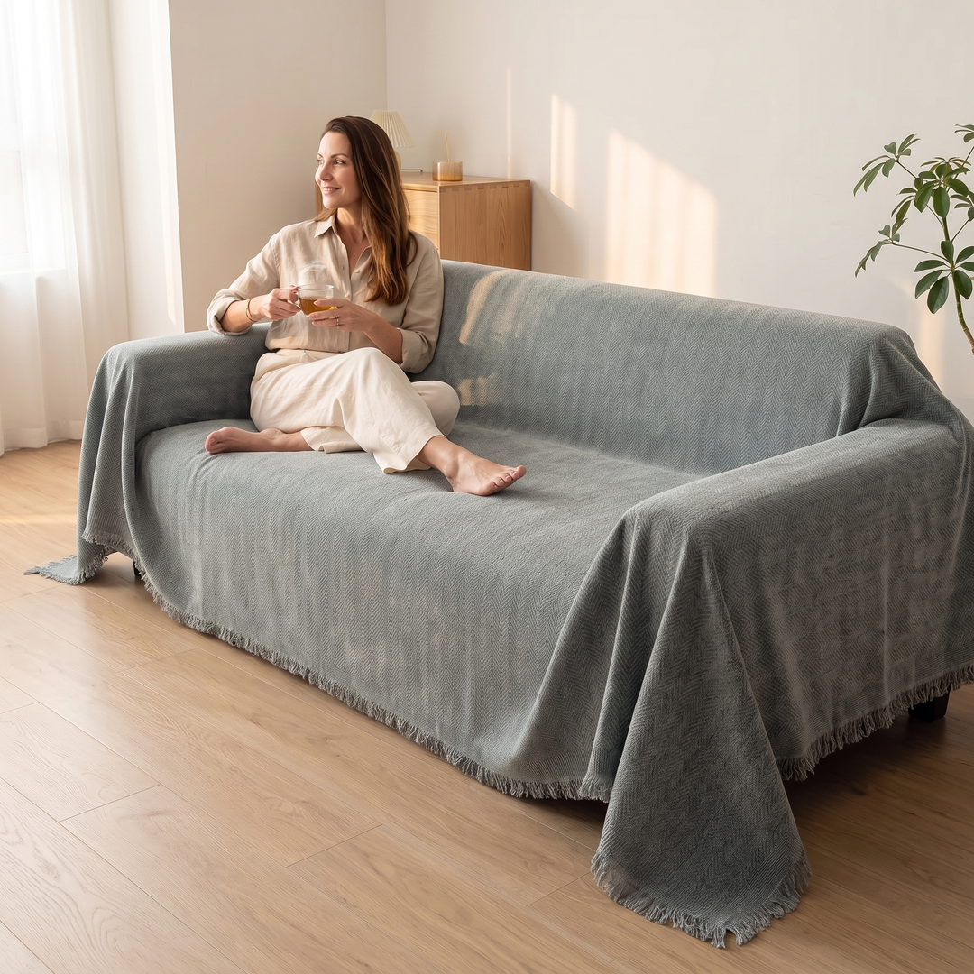 Herringbone Chenille Couch Cover with Fringe in Gray – woman sitting on the covered sofa holding a glass mug