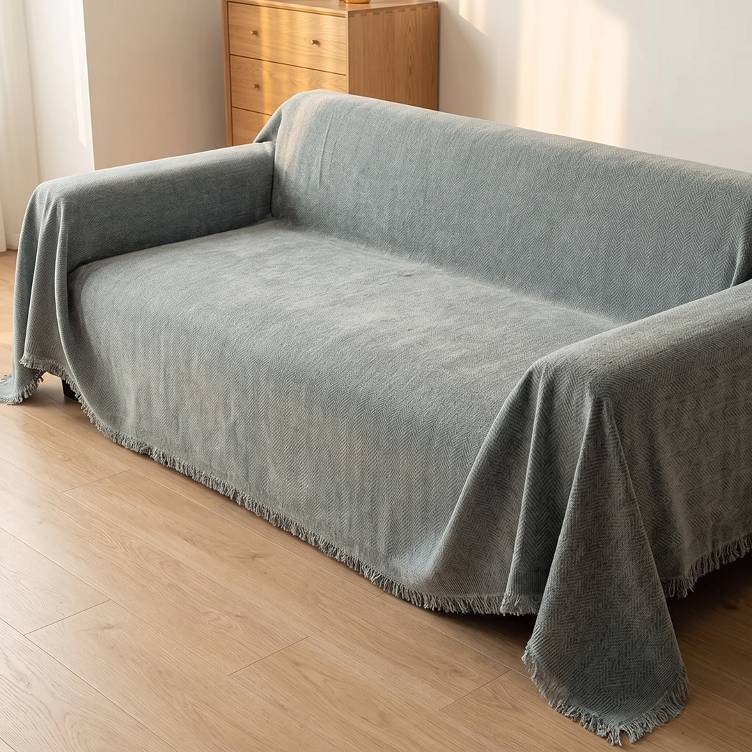 Herringbone Chenille Couch Cover with Fringe in Gray – draped over a sofa in a sunlit room with wood floor