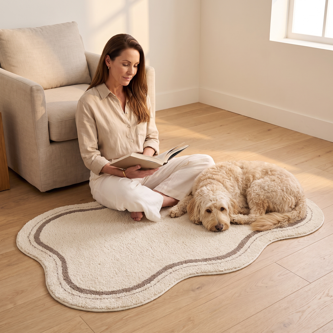 Irregular Shaped Plush Rug – Wavy Edge in Cream – in a living room with a woman reading and a dog resting