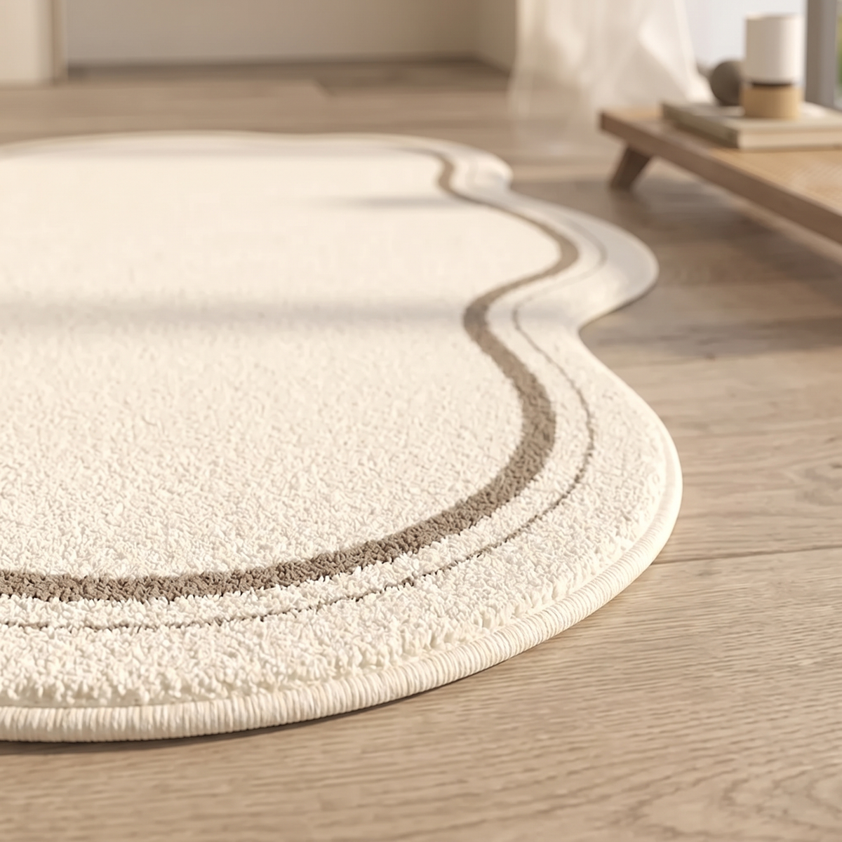 Irregular Shaped Plush Rug – Wavy Edge in Cream – low angle close-up of the curved edge on a wood floor