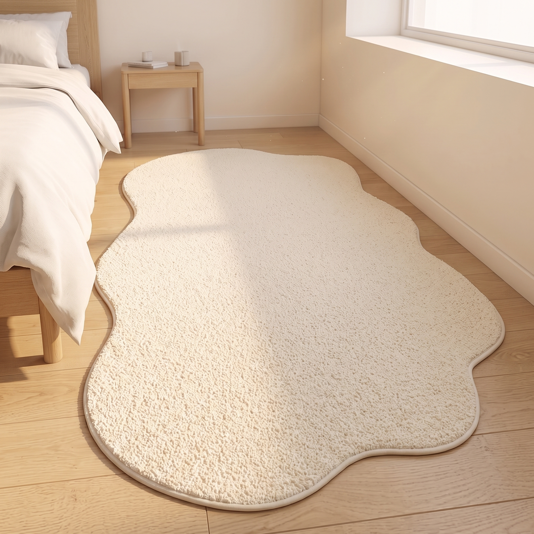 Irregular Shaped Plush Rug – Wavy Edge in Cream – whole rug shape from a high angle beside a nightstand
