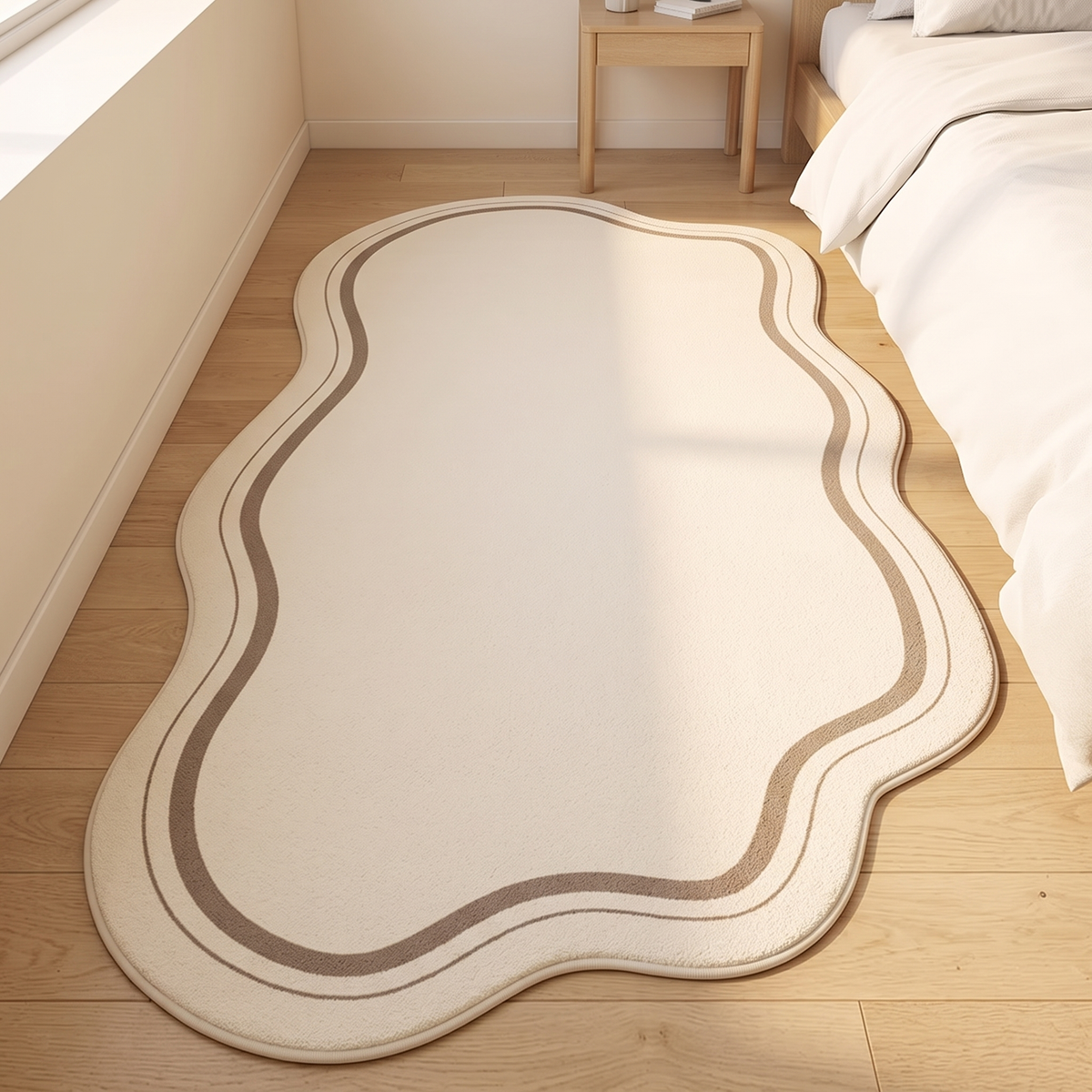 Irregular Shaped Plush Rug – Wavy Edge in Cream – Border – on a wood floor beside a bed in a sunlit bedroom