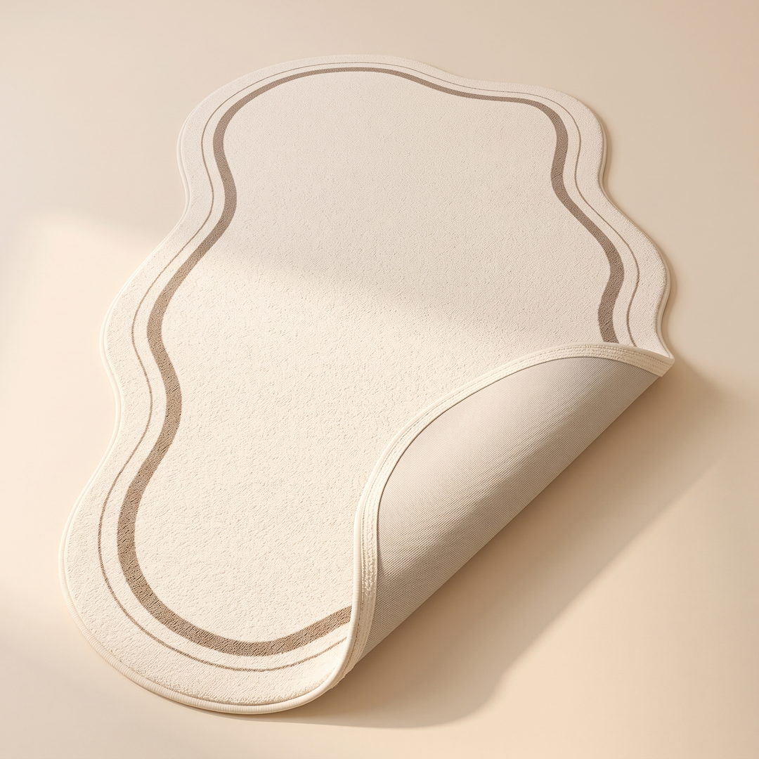 Irregular Shaped Plush Rug – Wavy Edge in Cream – top-down view with one corner flipped up showing the underside