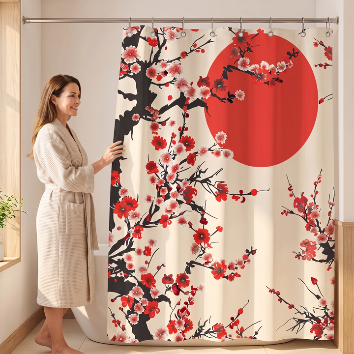 Japanese Shower Curtain – Koi, Wave &amp; Blossom Art in Cream – Cherry Blossom &amp; Sun – woman in waffle robe pulling curtain aside by bathtub