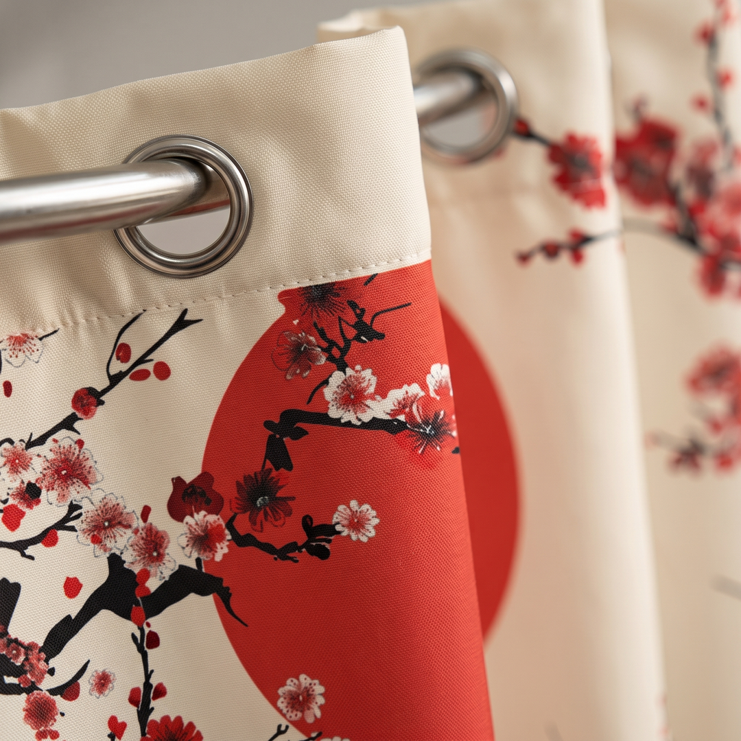 Japanese Shower Curtain – Koi, Wave &amp; Blossom Art in Cream – Cherry Blossom &amp; Sun – close-up of grommet header on a metal rod