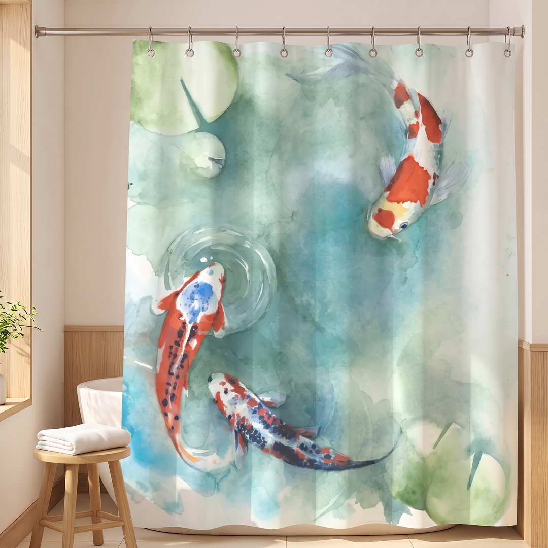 Japanese Shower Curtain – Koi, Wave &amp; Blossom Art in Aqua – Koi Pond – straight-on full view beside a wooden stool with folded towel