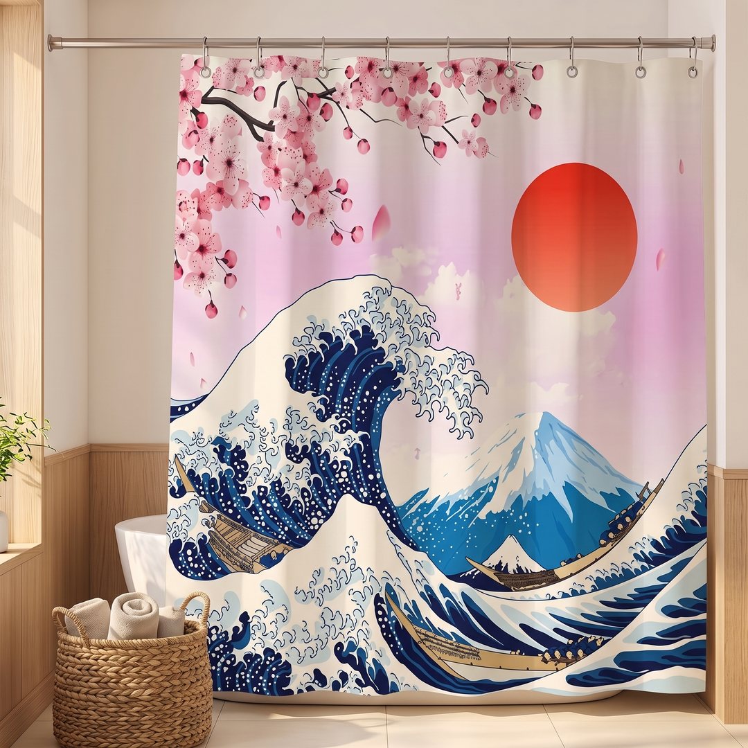 Japanese Shower Curtain – Koi, Wave &amp; Blossom Art in Lilac – Wave &amp; Mount Fuji – hanging beside a woven basket of rolled towels