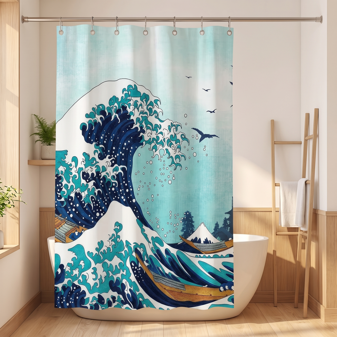 Japanese Shower Curtain – Koi, Wave &amp; Blossom Art in Sky Blue – Wave – boats and mountain scene behind freestanding tub with ladder rack