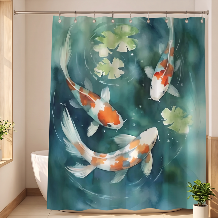 Japanese Shower Curtain – Koi, Wave &amp; Blossom Art in Teal – Koi Pond – fully drawn, showing three koi and lily pads