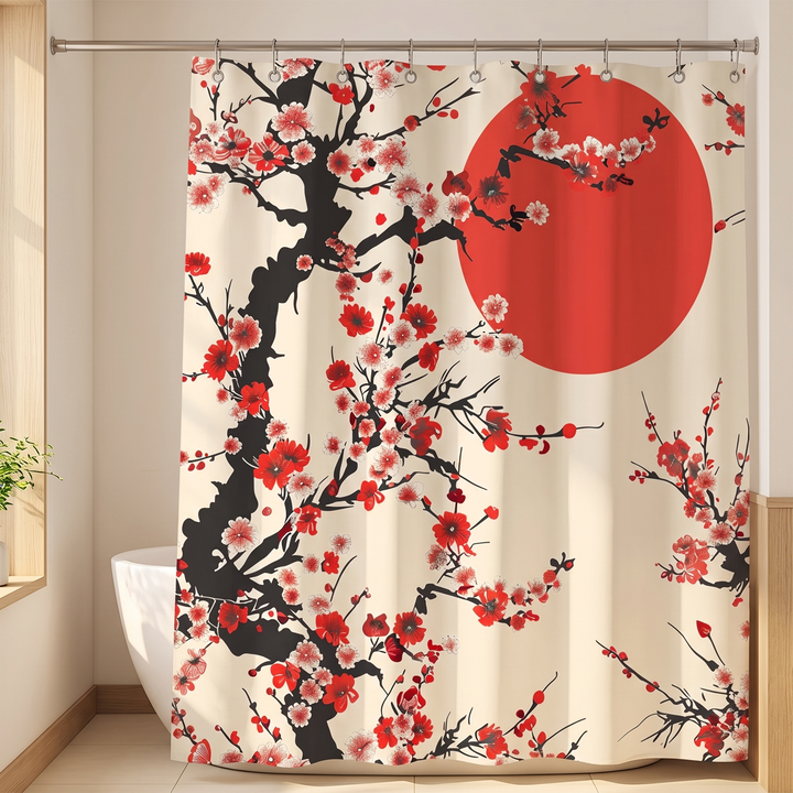 Japanese Shower Curtain – Koi, Wave &amp; Blossom Art in Cream – Cherry Blossom &amp; Sun – hanging from a rod in a bright bathroom beside a tub