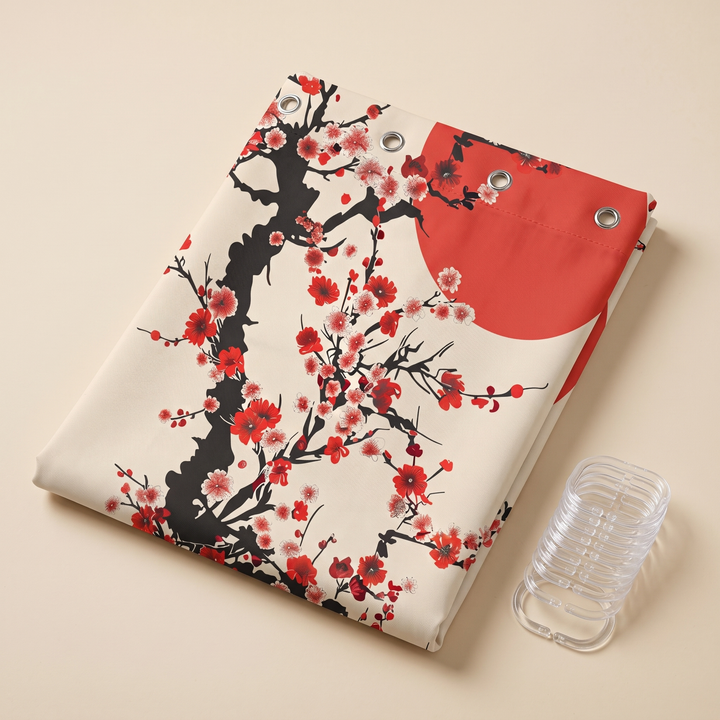 Japanese Shower Curtain – Koi, Wave &amp; Blossom Art in Cream – Cherry Blossom &amp; Sun – folded flat on a plain beige surface beside clear plastic hooks