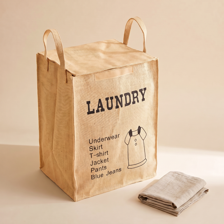 Jute Storage Basket with Lid – Foldable in Natural – Laundry Dress – angled front view with printed laundry label beside a folded linen cloth
