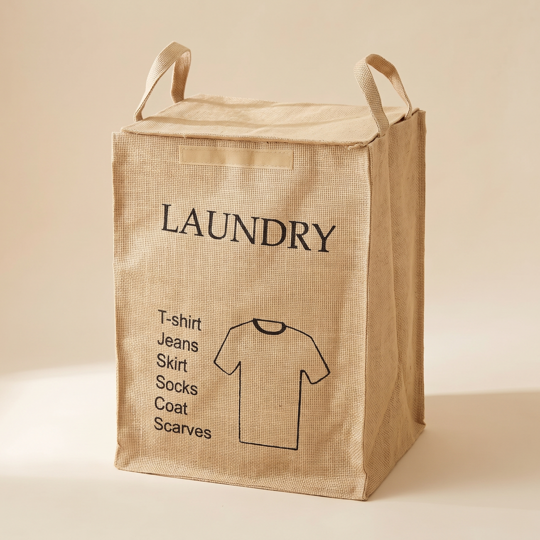 Jute Storage Basket with Lid – Foldable in Natural – Laundry Shirt – standing upright with lid closed against a plain beige background