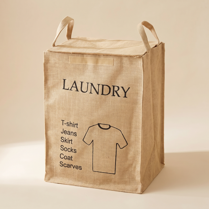 Jute Storage Basket with Lid – Foldable in Natural – Laundry Shirt – standing upright with lid closed against a plain beige background