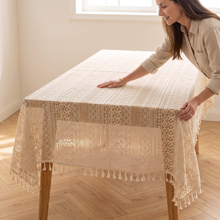 Lace Tablecloth with Tassels in Cream – woman smoothing it across a rectangular table in a bright room