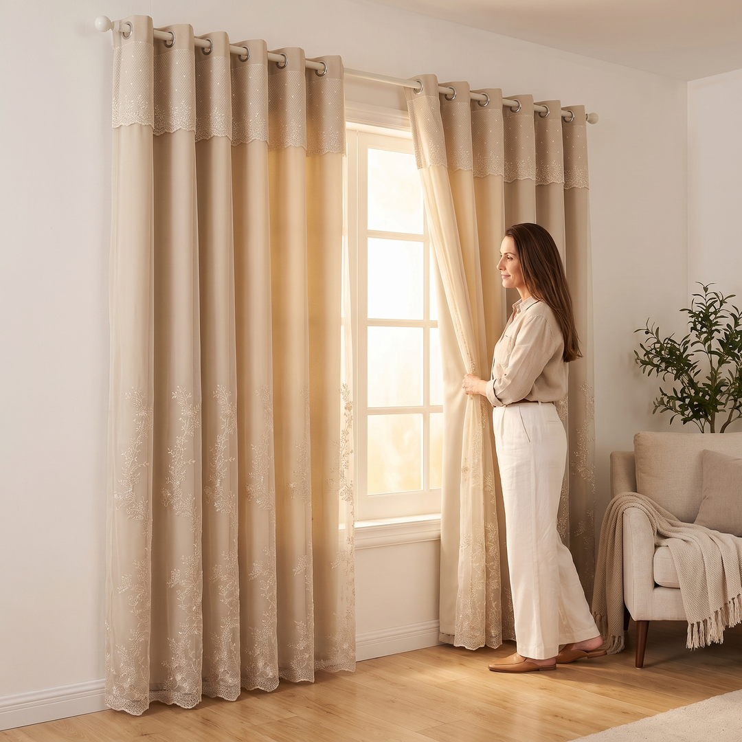 Layered Curtain Panel – Embroidered Sheer in Beige – woman holding panel aside in living room beside armchair