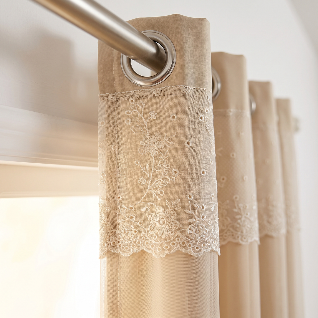 Layered Curtain Panel – Embroidered Sheer in Beige – close-up of the lace trim and grommet header on a rod