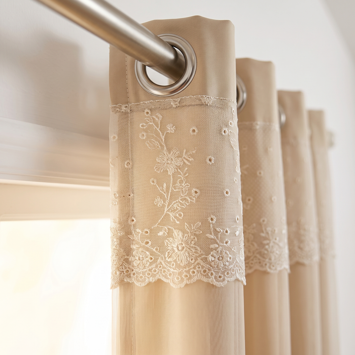 Layered Curtain Panel – Embroidered Sheer in Beige – close-up of the lace trim and grommet header on a rod