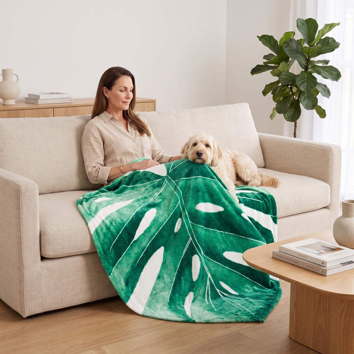 Leaf Blanket – Leaf-Shaped Flannel Throw in Green – Monstera – draped over a woman and dog on a beige sofa